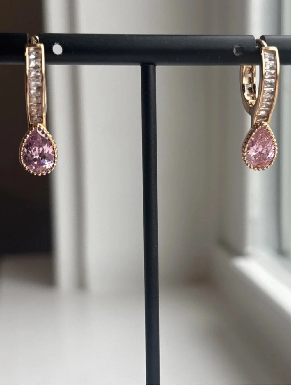 Rose Gold Plated Pink CZ Teardrop Dangle Hoop Earrings Baguette Accent - Picture 7 of 7